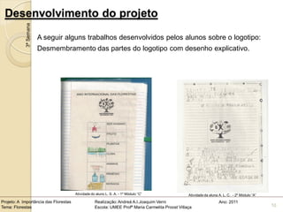 Desenvolvimento do projeto
            3ª Semana

                        A seguir alguns trabalhos desenvolvidos pelos alunos sobre o logotipo:
                        Desmembramento das partes do logotipo com desenho explicativo.




                                       Atividade do aluno L. S. A. - 1º Módulo “C”                Atividade da aluna A. L. C. - 2º Módulo “A”
Projeto: A Importância das Florestas               Realização: Andreá A.I.Joaquim Verni                              Ano: 2011
Tema: Florestas                                    Escola: UMEE Profª Maria Carmelita Proost Villaça                                            10
 