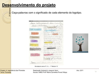Desenvolvimento do projeto
            3ª Semana
                        Caça-palavras com o significado de cada elemento do logotipo.




                                            Atividade do aluno P. S. L. - 1º Módulo “A”


Projeto: A Importância das Florestas      Realização: Andreá A.I.Joaquim Verni                Ano: 2011
Tema: Florestas                           Escola: UMEE Profª Maria Carmelita Proost Villaça               11
 