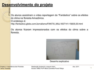 Desenvolvimento do projeto
            6ª Semana


                        Os alunos assistiram o vídeo reportagem do “Fantástico” sobre os efeitos
                        do clima na floresta Amazônica.
                        O endereço é:
                        http://fantastico.globo.com/Jornalismo/FANT/0,,MUL1657141-15605,00.html

                        Os alunos ficaram impressionados com os efeitos do clima sobre a
                        floresta.




                                                                        Desenho explicativo

Projeto: A Importância das Florestas        Realização: Andreá A.I.Joaquim Verni                Ano: 2011
Tema: Florestas                             Escola: UMEE Profª Maria Carmelita Proost Villaça               14
 