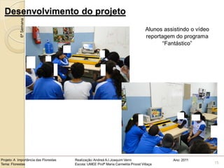 Desenvolvimento do projeto
            6ª Semana
                                                                                   Alunos assistindo o vídeo
                                                                                   reportagem do programa
                                                                                          “Fantástico”




Projeto: A Importância das Florestas   Realização: Andreá A.I.Joaquim Verni                  Ano: 2011
Tema: Florestas                        Escola: UMEE Profª Maria Carmelita Proost Villaça                       15
 
