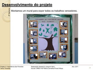 Desenvolvimento do projeto
            8ª Semana
                        Montamos um mural para expor todos os trabalhos vencedores.




Projeto: A Importância das Florestas     Realização: Andreá A.I.Joaquim Verni                Ano: 2011
Tema: Florestas                          Escola: UMEE Profª Maria Carmelita Proost Villaça               24
 