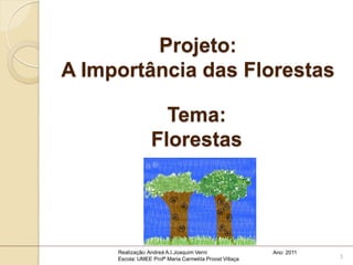 Projeto:
A Importância das Florestas

                    Tema:
                  Florestas




     Realização: Andreá A.I.Joaquim Verni                Ano: 2011
     Escola: UMEE Profª Maria Carmelita Proost Villaça               3
 