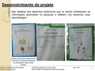 Desenvolvimento do projeto
            12ª Semana
                         Nos detalhes dos desenhos observa-se que os alunos sintetizaram as
                         informações aprendidas na pesquisa e refletem nos desenhos essa
                         aprendizagem.




                         Casas construídas sobre troncos
                         de árvores. Os alunos referiram-
                           se as palafitas onde muitos
                                     moram.
Projeto: A Importância das Florestas               Realização: Andreá A.I.Joaquim Verni                Ano: 2011
Tema: Cultura Indígena                             Escola: UMEE Profª Maria Carmelita Proost Villaça               35
 