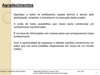 Agradecimentos

                   Agradeço a todos os professores, equipe técnica e alunos pela
                   participação, empenho e entusiasmo na execução deste projeto.

                   A união de todos possibilitou que nosso aluno construísse um
                   conhecimento transformador.

                   É na troca de informações com nossos pares que enriquecemos nosso
                   conhecimento.

                   Com a oportunidade de expressar e debater opiniões construímos um
                   saber que nos torna cidadãos responsáveis em busca de um mundo
                   melhor.




Projeto: A Importância das Florestas   Realização: Andreá A.I.Joaquim Verni                Ano: 2011
                                       Escola: UMEE Profª Maria Carmelita Proost Villaça               54
 