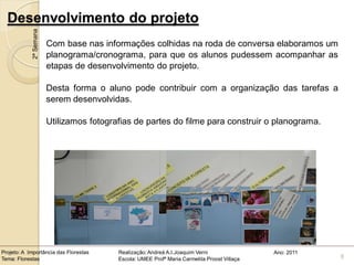 Desenvolvimento do projeto
            2ª Semana
                        Com base nas informações colhidas na roda de conversa elaboramos um
                        planograma/cronograma, para que os alunos pudessem acompanhar as
                        etapas de desenvolvimento do projeto.

                        Desta forma o aluno pode contribuir com a organização das tarefas a
                        serem desenvolvidas.

                        Utilizamos fotografias de partes do filme para construir o planograma.




Projeto: A Importância das Florestas      Realização: Andreá A.I.Joaquim Verni                Ano: 2011
Tema: Florestas                           Escola: UMEE Profª Maria Carmelita Proost Villaça               8
 