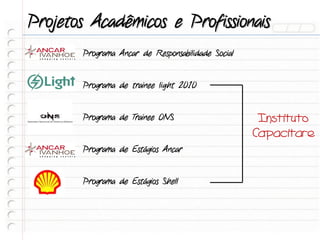 Projetos Acadêmicos e Profissionais
       Programa Ancar de Responsabilidade Social


       Programa de trainee light 2010


       Programa de Trainee ONS                      Instituto
                                                   Capacitare
       Programa de Estágios Ancar


       Programa de Estágios Shell
 