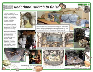 Margaret Middleton

                                            underland: sketch to finish
315.406.2850

               margaret.k.middleton@gmail

               margaretmiddleton.com




           I worked on a team of
           exhibit developers to design
           a look and feel for the
           space of the exhibit and
           synthesized those ideas in
           my scale model and
           detailed sketches.
                                                                                        Scale model
           My model and sketches
           were then used to propose
           and promote the exhibit                                                   Underland is an outdoor exhibit that gives visitors the
           and generate funding.                       The entrance to Underland     feeling of being underground. It was designed for the
                                                                                     Providence Children’s Museum of Rhode Island.
           Additionally, I designed
           costumes representing
           six different local
           burrowing animals
           including a chipmunk,
           a cicada, and a
           painted turtle. Since
           the exhibit is outdoors,
           I chose rugged fabrics
           that were easy to wash
           and would hold up to
           New England weather.
                                                                                       Interior rooms with musical instruments and underground kitchen




                                    Root chandeliers

                                                        Salamander and turtle play the xylophone
                                                                                                   Sandbox with Mastodon bones to dig up
                                                                                                                                           “Loose parts”- scattered natural items to inspire play
 