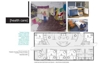 [health care]


                    Pediatric Oncology
                 Group Of Ontario has
                  created a highly inte-
                  grated and seamless
                       pediatric cancer
                  system that supports
                  children and families
                  throughout the spec-
                 trum of illness, recov-
                 ery and survivorship.




                 PROJECT CLIENT
Pediatric Oncology Group Of Ontario
           PROJECT COMPLETED
                    December 2007




                                           FURNITURE AND PARTITION PLAN TRAILER 1 - RECEPTION & EXAM ROOMS
 