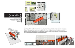 [education]
          PROJECT CLIENT
Toronto District School Board
    PROJECT COMPLETED
                    April 2010




                                 While preserving the existing architectural context of the building and the surrounding area, the design will feature versatile strate-
                                 gies in order to sustain the demand and changes of technology. By not only incorporating sustainable features in the building typol-
                                 ogy itself, but exposing students to the processes and elements used to sustain our earth, the facility will become a benchmark in
                                 producing schools that truly have meaning and significance to the students, faculty and community. The Berkeley Academy of
                                 Science & Technology will be more than an educational facility and aims to connect students with multiple environments while focus-
                                 ing on meaningful is-sues and emerging environmental technologies.




                                  Northern Longitudinal Building Section
 