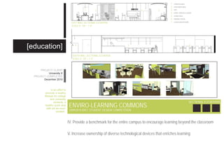 1   COMPUTER AREA
                                                                                                                                              2   OPEN GROUP AREA

                                                1          2                     3                         4                     5            3   CAFÉ

                                                                                                                                              4   ENTRY / FIREPLACE LOUNGE

                                                                                                                                              5   LOUNGE AREA

                                                                                                                                              6   PRINTING STATION

                                    EAST WALL SECTIONAL ELEVATION                                                                             7   CLOSED GROUP ROOMS

                                    SCALE 0’- 1/8” = 1’-0”

                                      IV. Provide a benchmark for the entire campus to encourage learning beyond the classroom



                                       6            7                                        3                                                                         2
[education]
                                     SOUTH WALL SECTIONAL ELEVATION
                                     SCALE 0’- 1/8” = 1’-0”                                                        V. Increase ownership of diverse technological devices that enriches learning



      PROJECT CLIENT
           University X
  PROJECT COMPLETED                                                        1                                   2                                     3                                  4
        December 2010



                In en effort to
          promote a healthy
                                                                                             5                                       6                                       7
         lifestyle for college
               and university
                                                                                                                                                                       SECTIONAL ELEVATIONS
                                  ENVIRO-LEARNING COMMONS
                   students, a
          healthy quick stop
           café will be incor-
                     porated.     2009/2010 IDEC STUDENT DESIGN COMPETITION


                                  IV. Provide a benchmark for the entire campus to encourage learning beyond the classroom

                                  V. Increase ownership of diverse technological devices that enriches learning
 