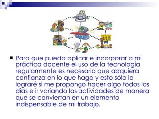 Para que pueda aplicar e incorporar a mi práctica docente el uso de la tecnología regularmente es necesario que adquiera confianza en lo que hago y esto sólo lo lograré si me propongo hacer algo todos los días e ir variando las actividades de manera que se conviertan en un elemento indispensable de mi trabajo.  