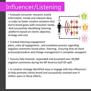 Influencer/Listening
• Evaluate consumer research, brand
information, trends and relevant data
 in order to foster creative solutions that
marry brand goals with consumer needs.
 And successfully identifying listening
 platforms based on clients objective,
strategy and cost.

• Created listening engagement
plans, rules of engagement , and escalation process regarding
negative comments found when listening. Ensuring that all client
process/procedure and change management is complete sosupport.

• Success fully listened, responded and escalated over 20,000
negative comments during the BP America Gulf Oil spill.

• In creative strategy identified ways in engage with key influencers
to help promote clients brand and successfully reached over 4
million users in these efforts.
 
