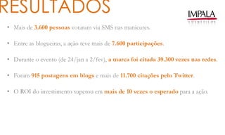 RESULTADOS
• Mais de 3.600 pessoas votaram via SMS nas manicures.
• Entre as blogueiras, a ação teve mais de 7.600 participações.
• Durante o evento (de 24/jan a 2/fev), a marca foi citada 39.300 vezes nas redes.
• Foram 915 postagens em blogs e mais de 11.700 citações pelo Twitter.
• O ROI do investimento superou em mais de 10 vezes o esperado para a ação.
 