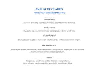 ANÁLISE DE QUADRO
                            ABORDAGEM DE NEUROMARKETING



                                         SIMBOLOGIA
               Ações de branding, visando aumentar o reconhecimento da marca.

                                         VISÃO CLARA
               Divulgar a história, compromisso, tecnologia e portfólio Medtronic.

                                        CATEQUIZAÇÃO

        Criar ações de fixação de marca com alta frequência junto aos diferentes targets.

                                       PERTENCIMENTO

Gerar ações que façam com que a marca Medtronic e seu portfólio, pertençam ao dia-a-dia de
                       dispensadores e compradores dos produtos.


                                            RITUAL
                 Posicionar a Medtronic, junto a médicos e compradores,
              como primeira escolha quando o assunto for tecnologia médica.
 