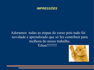 IMPRESSÕES Adoramos  todas as etapas do curso pois tudo foi novidade e aprendizado que só fez contribuir para melhora do nosso trabalho. Tchau!!!!!!!!  