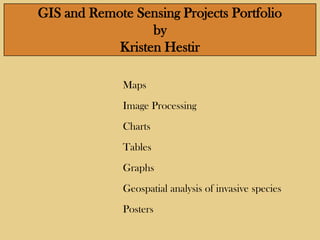 GIS and Remote Sensing Projects Portfolio
                  by
            Kristen Hestir

              Maps
              Image Processing
              Charts
              Tables
              Graphs
              Geospatial analysis of invasive species
              Posters
 