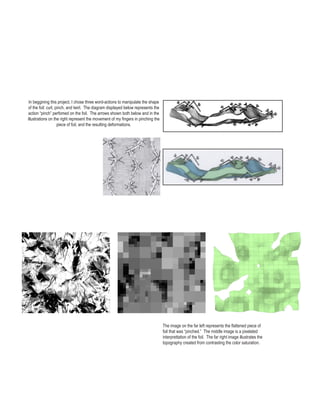 In beggining this project, I chose three word-actions to manipulate the shape
of the foil: curl, pinch, and twirl. The diagram displayed below represents the
 action “pinch” perfomed on the foil. The arrows shown both below and in the
illustrations on the right represent the movement of my fingers in pinching the
                    piece of foil, and the resulting deformations.




                                                                                  The image on the far left represents the flattened piece of
                                                                                  foil that was “pinched.” The middle image is a pixelated
                                                                                  interprettation of the foil. The far right image illustrates the
                                                                                  topography created from contrasting the color saturation.
 