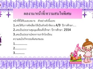 ผลงาน/หน้าที่/ความสนใจพิเศษ
หน้ าที่ที่ได้ รับมอบหมาย ตัวอย่างดังนี ้นะคะ
1.เคยได้ รับการคัดเลือกให้ เป็ นหัวหน้ าห้ อง ม.4/9  ปี การศึกษา.....
2.เคยเป็ นประธานชุมนุมเพื่อนที่ปรึกษา ปี การศึกษา 2554
3.เคยเป็ นประธานโครงการเรารักโรงเรี ยน
ความสนใจ/กิจกรรมพิเศษ/ชมรม
1..............
2.............
3...........
 