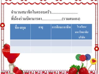 จํานวนสมาชิกในครอบครัว.............................
พี่นองร่ วมบิดามารดา......................(รวมตนเอง)
    ้
  ชื่อ-สกุล         อายุ      การศึกษา/อาชีพ     โรงเรียน/
                                                มหาวิทยาลัย/
                                                  บริษทั
 