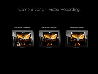 Camera cont. – Video Recording


          Video recorder - View finder   Video recorder - Recording   Video recorder - Paused




Rev PA1                                  2009-09-22     5
 