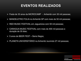 EVENTOS REALIZADOS

 Festa de 30 anos da MICROCAMP - Anhembi com 30 mil pessoas;

 BANDELETRO FOLIA no Anhembi SP com mais de 50 mil pessoas;

 RED MUSIC FESTIVAL em Jaguariúna com 50 mil pessoas;

 CARAGUA MUSIC FESTIVAL com mais de 400 mil pessoas e
  duração de 30 dias;

 5 anos de BEER FEST – Serra Negra;

 PLANETA UNIVERSITÁRIO no Anhembi reunindo 27 mil pessoas;
 