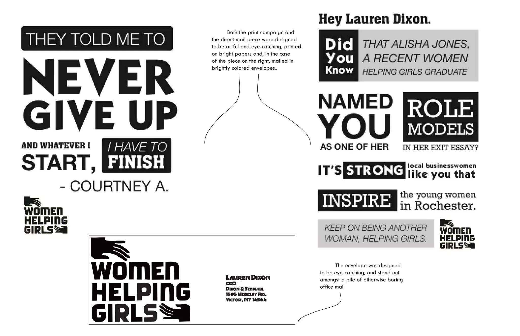 Both the print campaign and
the direct mail piece were designed
to be artful and eye-catching, printed
on bright papers and, in the case
of the piece on the right, mailed in
brightly colored envelopes..




                                         	      The envelope was designed
                                         to be eye-catching, and stand out
      Lauren Dixon                       amongst a pile of otherwise boring
      CEO
      Dixon & Schwabl                    office mail
      1595 Moseley Rd.
      Victor, NY 14564
 