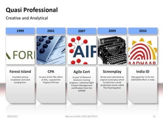 Quasi Professional
Creative and Analytical

       1999                     2001                           2007                        2009                       2010




  Forest Island                  CPA                       Agile Cert                 Screenplay                    India ID
    Founded startup     As part of the P&L effort         As part of Network       Wrote and submitted an      Managed the UI for the
  incubation and seed     at AOL, I passed the             Solutions training      original screenplay which   AADHAAR effort in India
      funding firm.         Virginia CPA test          program, I obtained Agile      turned into a small
                                                         Product Management        production movie called
                                                         certification from the        The Final Equation
                                                                 AIPMM




8/8/2012                                            Warren Smith (703) 829 0371                                                     11
 