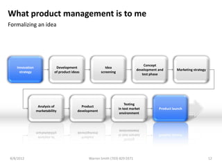 What product management is to me
Formalizing an idea




                                                                                  Concept
   Innovation               Development                   Idea
                                                                              development and       Marketing strategy
     strategy              of product ideas            screening
                                                                                 test phase




                                                                       Testing
                 Analysis of               Product
                                                                   in test market         Product launch
                marketability            development
                                                                    environment




8/8/2012                                       Warren Smith (703) 829 0371                                               12
 
