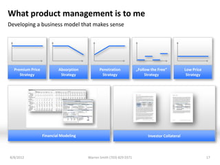What product management is to me
Developing a business model that makes sense




  Premium Price           Absorption          Penetration            „Follow the Free“           Low Price
     Strategy              Strategy            Strategy                   Strategy                Strategy




                  Financial Modeling                                       Investor Collateral



8/8/2012                               Warren Smith (703) 829 0371                                           17
 