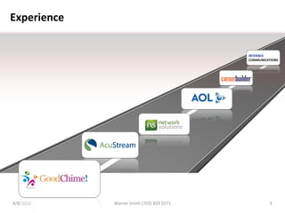 Experience


                                           INTERNEX
                                           COMMUNICATIONS




8/8/2012     Warren Smith (703) 829 0371             3
 
