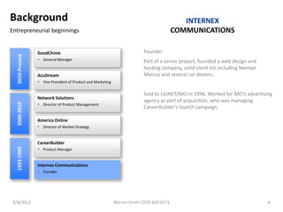 Background                                                                                    INTERNEX
Entrepreneurial beginnings                                                                 COMMUNICATIONS

                 GoodChime                                                 Founder
  2010-Present




                  General Manager                                         Part of a senior project, founded a web design and
                                                                           hosting company, solid client list including Neiman
                 AcuStream                                                 Marcus and several car dealers.
                  Vice President of Product and Marketing

                                                                           Sold to UUNET/MCI in 1996. Worked for MCI’s advertising
                 Network Solutions
                                                                           agency as part of acquisition, who was managing
  2000-2010




                  Director of Product Management
                                                                           CareerBuilder’s launch campaign.

                 America Online
                  Director of Market Strategy


                 CareerBuilder
  1993-1999




                  Product Manager


                 Internex Communications
                  Founder




 8/8/2012                                                    Warren Smith (703) 829 0371                                         4
 