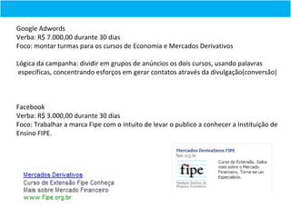 Google Adwords
Verba: R$ 7.000,00 durante 30 dias
Foco: montar turmas para os cursos de Economia e Mercados Derivativos

Lógica da campanha: dividir em grupos de anúncios os dois cursos, usando palavras
 específicas, concentrando esforços em gerar contatos através da divulgação(conversão)



Facebook
Verba: R$ 3.000,00 durante 30 dias
Foco: Trabalhar a marca Fipe com o intuito de levar o publico a conhecer a Instituição de
Ensino FIPE.
 