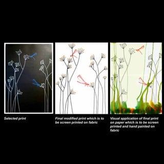 Selected print

Final modified print which is to
be screen printed on fabric

Visual application of final print
on paper which is to be screen
printed and hand painted on
fabric

 