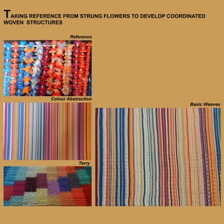 TAKING REFERENCE FROM STRUNG FLOWERS TO DEVELOP COORDINATED

WOVEN STRUCTURES

Reference

Colour Abstraction

Terry

Basic Weaves

 