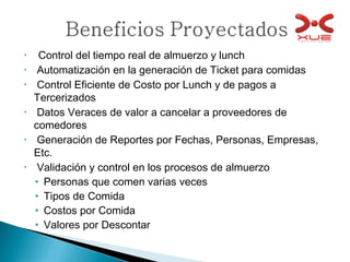 Control del tiempo real de almuerzo y lunch Automatización en la generación de Ticket para comidas Control Eficiente de Costo por Lunch y de pagos a Tercerizados Datos Veraces de valor a cancelar a proveedores de comedores Generación de Reportes por Fechas, Personas, Empresas, Etc. Validación y control en los procesos de almuerzo Personas que comen varias veces Tipos de Comida Costos por Comida Valores por Descontar 