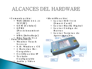 Comunicación: WiFi (IEEE 802.11 TCP/IP) GSM (Celular) GPRS (Posicionamiento) IrDA (InfraRojo) BlueTooth V1.2 Identificación: Lector ISO 7816 (Smart Card) Lector Huella Digital Lector Código de Barras Lector Tarjetas de Aproximación Funcionalidad: Monitor Touch Screen S.O. Windows CE 2 Baterías Re-Cargables Certificación IP Teclado Configurable Audio y Video 