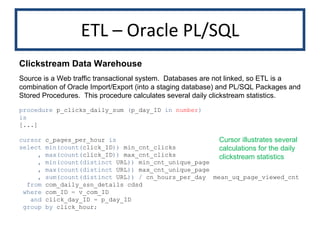 ETL – Oracle PL/SQL Clickstream Data Warehouse Source is a Web traffic transactional system.  Databases are not linked, so ETL is a combination of Oracle Import/Export (into a staging database) and PL/SQL Packages and Stored Procedures.  This procedure calculates several daily clickstream statistics. procedure  p_clicks_daily_sum  ( p_day_ID  in   number ) is [...] cursor  c_pages_per_hour  is select   min(count( click_ID ))  min_cnt_clicks , max(count( click_ID ))  max_cnt_clicks , min(count(distinct  URL ))  min_cnt_unique_page , max(count(distinct  URL ))  max_cnt_unique_page , sum(count(distinct  URL ))   /  cn_hours_per_day  mean_uq_page_viewed_cnt from  com_daily_ssn_details cdsd where  com_ID  =  v_com_ID and  click_day_ID  =  p_day_ID group by  click_hour ; Cursor illustrates several calculations for the daily clickstream statistics 