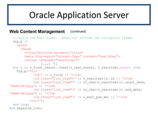Oracle Application Server -- Build the html frame.  (does not include the navigation frame) htp.p  ( ' <html> <head> <title>Untitled Document</title> <meta http-equiv="Content-Type“ content="text/html"> <script language="JavaScript"> [...]  ‘ ); for  i  in  v_first_result .. least ( v_last_result ,  v_resultset. count )   loop htp.p ( ‘<tr> <td>'  || v_title ||  '</td> <td class=“list_item">'  || v_resultset ( i ). ID ||  '</td> <td class=“list_item">'  || to_char ( v_resultset ( i ). start_date,  'fmmm/dd/yyyy' ) ||  '</td> <td class=“list_item">'  || to_char ( v_resultset ( i ). end_date,  'fmmm/dd/yyyy' ) ||  '</td> <td class=“list_item">'  || v_edit_pvw_del ||  '</td> </tr>‘ ); end loop; end  magazine_list ; Web Content Management (continued) 