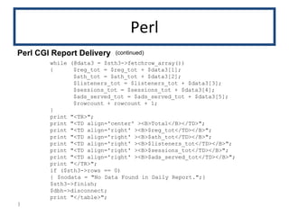 Perl while (@data3 = $sth3->fetchrow_array()) { $reg_tot = $reg_tot + $data3[1];   $ath_tot = $ath_tot + $data3[2];   $listeners_tot = $listeners_tot + $data3[3];   $sessions_tot = $sessions_tot + $data3[4];   $ads_served_tot = $ads_served_tot + $data3[5]; $rowcount + rowcount + 1; } print "<TR>"; print "<TD align='center' ><B>Total</B></TD>"; print "<TD align='right' ><B>$reg_tot</TD></B>"; print "<TD align='right' ><B>$ath_tot</TD></B>"; print "<TD align='right' ><B>$listeners_tot</TD></B>"; print "<TD align='right' ><B>$sessions_tot</TD></B>"; print "<TD align='right' ><B>$ads_served_tot</TD></B>"; print "</TR>"; if ($sth3->rows == 0) { $nodata = "No Data Found in Daily Report.";} $sth3->finish; $dbh->disconnect; print "</table>"; } Perl CGI Report Delivery (continued) 
