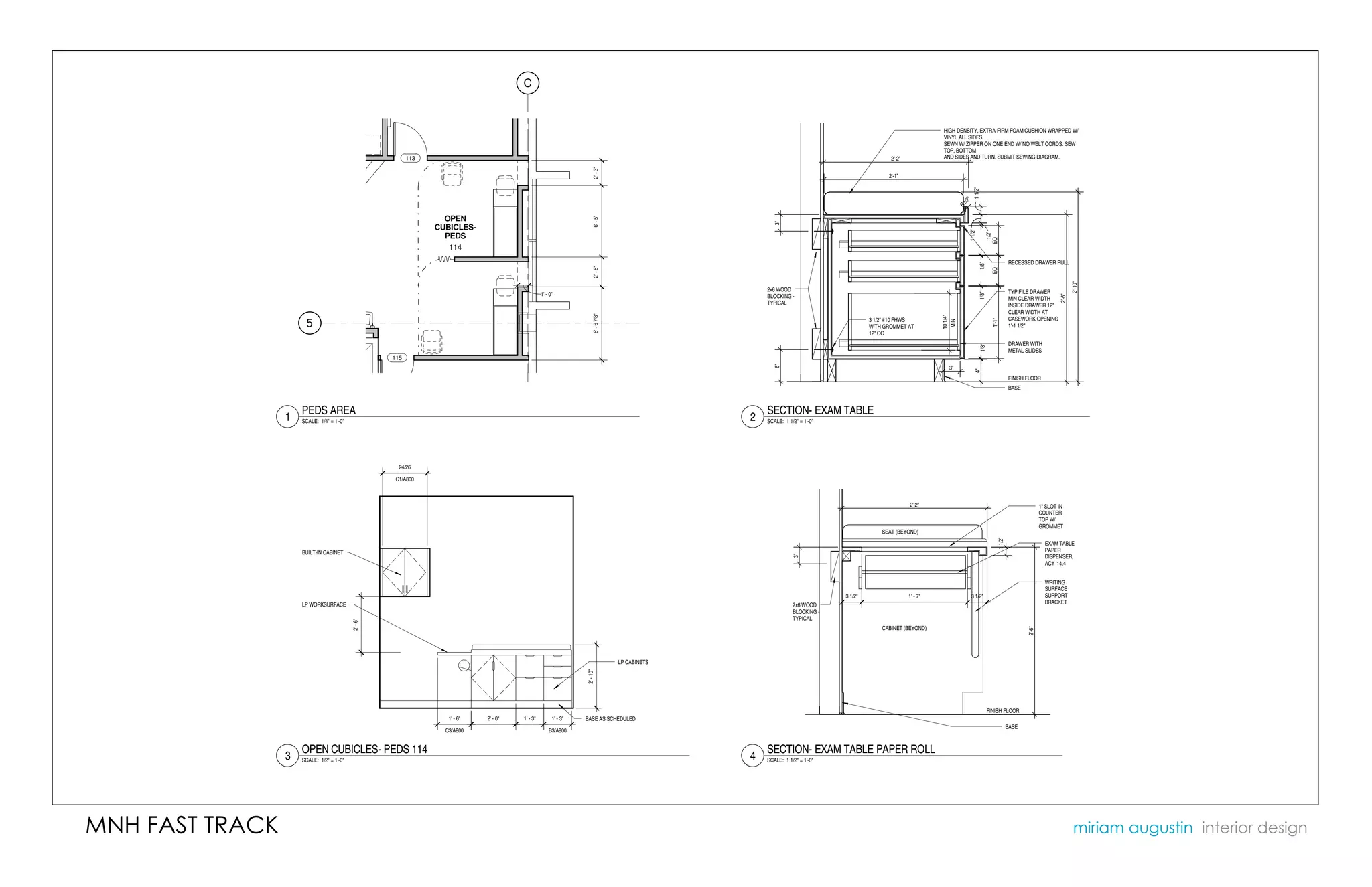 C


                                                                                                                                                                                                                   HIGH DENSITY, EXTRA-FIRM FOAM CUSHION WRAPPED W/
                                                                                                                                                                                                                   VINYL ALL SIDES.
                                                                                                                                                                                                                   SEWN W/ ZIPPER ON ONE END W/ NO WELT CORDS. SEW
                                                                                                                                                                                                                   TOP, BOTTOM
                                                           113                                                                                                                                   2'-2"             AND SIDES AND TURN. SUBMIT SEWING DIAGRAM.




                                                                                                                         2' - 3"
                                                                                                                                                                                                2'-1"




                                                                                                                                                                                                                                      1 1/2"
                                                                                                                                                                                                                               /2"
                                                                                                                                                                                                                             R1

                                                                   OPEN




                                                                                                                         6' - 5"




                                                                                                                                                            3"
                                                                 CUBICLES-




                                                                                                                                                                                                                                 1 1/2"

                                                                                                                                                                                                                                                       1/2"
                                                                   PEDS




                                                                                                                                                                                                                                                      EQ
                                                                    114
                                                                                                                                                                                                                                                                         RECESSED DRAWER PULL




                                                                                                                                                                                                                                               1/8"
                                                                                                                         2' - 8"




                                                                                                                                                                                                                                                        EQ




                                                                                                                                                                                                                                                                                                         2'-10"
                                                                                                                                                         2x6 WOOD                                                                                                        TYP FILE DRAWER




                                                                                                                                                                                                                                               1/8"
                                                                                                  1' - 0"




                                                                                                                                                                                                                                                                                                 2'-6"
                                                                                                                                                         BLOCKING -                                                                                                      MIN CLEAR WIDTH
                                                                                                                                                         TYPICAL                                                                                                         INSIDE DRAWER 12"
                                                                                                                                                                                                                                                                         CLEAR WIDTH AT




                                                                                                                         6' - 6 7/8"




                                                                                                                                                                                                                   10 1/4"
                                                                                                                                                                                          3 1/2" #10 FHWS                                                                CASEWORK OPENING




                                                                                                                                                                                                                                                        1'-1"
                      5




                                                                                                                                                                                                                    MIN
                                                                                                                                                                                          WITH GROMMET AT                                                                1'-1 1/2"
                                                                                                                                                                                          12" OC
                                                                                                                                                                                                                                                                         DRAWER WITH




                                                                                                                                                                                                                                               1/8"
                                                                                                                                                                                                                                                                         METAL SLIDES
                                                     115




                                                                                                                                                            6"
                                                                                                                                                                                                                      3"




                                                                                                                                                                                                                                       4"
                                                                                                                                                                                                                                                                         FINISH FLOOR
                                                                                                                                                                                                                                                                         BASE



                     PEDS AREA                                                                                                                           SECTION- EXAM TABLE
                 1   SCALE: 1/4" = 1'-0"                                                                                                             2   SCALE: 1 1/2" = 1'-0"




                                                       24/26

                                                      C1/A800



                                                                                                                                                                                                         2'-2"                                                                          1" SLOT IN
                                                                                                                                                                                                                                                                                        COUNTER
                                                                                                                                                                                                                                                                                        TOP W/
                                                                                                                                                                                                                                                                                        GROMMET
                                                                                                                                                                                              SEAT (BEYOND)




                                                                                                                                                                                                                                                                1 1/2"
                                                                                                                                                                                                                                                                                          EXAM TABLE
                     BUILT-IN CABINET                                                                                                                                                                                                                                                     PAPER




                                                                                                                                                                     3"
                                                                                                                                                                                                                                                                                          DISPENSER,
                                                                                                                                                                                                                                                                                          AC# 14.4


                                                                                                                                                                                                                                                                                          WRITING
                                                                                                                                                                                                                                                                                          SURFACE
                                                                                                                                                                                 3 1/2"                  1' - 7"                     3 1/2"                                               SUPPORT
                     LP WORKSURFACE                                                                                                                                 2x6 WOOD                                                                                                              BRACKET
                                                                                                                                                                    BLOCKING -
                                                                                                                                                                    TYPICAL
                                           2' - 6"




                                                                                                                                                                                              CABINET (BEYOND)




                                                                                                                                                                                                                                                                                2'-6"
                                                                                                                                       LP CABINETS
                                                                                                                  2' - 10"




                                                                                                                                                                                                                                                      FINISH FLOOR
                                                                    1' - 6"   2' - 0"   1' - 3"         1' - 3"   BASE AS SCHEDULED
                                                                                                                                                                                                                                                                         BASE
                                                                   C3/A800                            B3/A800


                     OPEN CUBICLES- PEDS 114                                                                                                             SECTION- EXAM TABLE PAPER ROLL
                 3   SCALE: 1/2" = 1'-0"                                                                                                             4   SCALE: 1 1/2" = 1'-0"




MNH FAST TRACK                                                                                                                                                                                                                                                                                           miriam augustin interior design
 