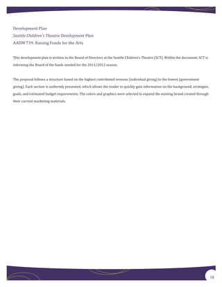 Development Plan


AADM 739: Raising Funds for the Arts
Seattle Children’s Theatre Development Plan




This development plan is written to the Board of Directors at the Seattle Children’s Theatre (SCT). Within the document, SCT is

informing the Board of the funds needed for the 2011/2012 season.



The proposal follows a structure based on the highest contributed revenue (individual giving) to the lowest (government

giving). Each section is uniformly presented, which allows the reader to quickly gain information on the background, strategies,

goals, and estimated budget requirements. The colors and graphics were selected to expand the existing brand created through
their current marketing materials.




                                                                                                                                   18
 