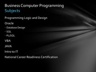Business Computer Programming
Subjects
Programming Logic and Design
Oracle
• Database Design
• SQL
• PL/SQL
VBA
JAVA
Intro to IT
National Career Readiness Certification
 