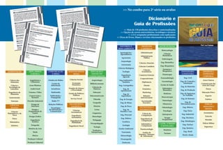 >> No combo para 2ª série ou avulso
Dicionário e
Guia de Profissões
>> Mais de 150 profissões descritas e contextualizadas
>> Opções de cursos universitários, tecnólogos e técnicos
>> 2.511 ocupações profissionais com explicações
>> Dicas de livros, filmes e revistas relacionados às profissões
ARTE, DESIGN
E MÚSICA
Arquitetura e
Urbanismo
Artes Plásticas
Audiovisual
Cinema e Vídeo
Conservação e
Restauro
Desenho Industrial
Design de
Interiores
Design e
Programação de
Games
Design Gráfico
Engenharia
Acústica
Fotografia
História da Arte
Moda
Música
Produção Cultural
Produção Editorial
COMUNICAÇÃO
E MÍDIA
Estudos de Mídias
Gestão da
Informação
Jornalismo
Multimídia
Publicidade e
Propaganda
Rádio TV
Relações Públicas
Tecnologias
da Informação e
Comunicação
DESENVOLVIMENTO
SOCIAL
Ciências Sociais
Economia
Doméstica
Estudos de Gênero
e Diversidade
Gestão de Políticas
Públicas
Serviço Social
EDUCAÇÃO E
GESTÃO DO
CONHECIMENTO
Arquivologia
Biblioteconomia
Ciências da
Natureza
Educação
Educomunicação
Filosofia
Geografia
História
Letras
Linguística
Museologia
Pedagogia
Psicopedagogia
Teologia
Tradução e
Interpretação
NATUREZA E
MEIO AMBIENTE
Agronegócios /
Agroindústria
Agronomia
Arqueologia
Astronomia
Ciências Biológicas
Ecologia
Engenharia
Agrícola
Eng.Ambiental e
Sanitária
Eng. Cartográfica
Eng. de
Agrimensura
Eng. de
Aquicultura
Eng. de Energia
Eng. de Minas
Eng. de Pesca
Eng. de
Petróleo e Gás
Eng. Florestal
Eng. Hídrica
Geofísica
Geologia
Gestão Ambiental
Veterinária
Meteorologia
Oceanografia
Zootecnia
NEGÓCIOS
E EMPRESAS
Administração
Administração
Pública
Ciências Atuariais
Ciências Contábeis
Ciências
Econômicas
Comércio Exterior
Cooperativismo
Diplomacia
Direito
Estatística
Marketing
Relações
Internacionais
Secretariado
Executivo
SAÚDE HUMANA
Biotecnologia
Ciências
Biomédicas
Enfermagem
Eng. Biomédica
Eng. Bioquímica
Farmácia e
Bioquímica
Fisioterapia
Fonoaudiologia
Gerontologia
Gestão de Saúde
Informática
Biomédica
Medicina
Musicoterapia
Naturologia
Obstetrícia
Odontologia
Psicologia
Quiropraxia
Terapia
Ocupacional
ENGENHARIA
E INDÚSTRIA
Eng. Civil
Eng. de Controle e
Automação
Eng. de Materiais
Eng. de Produção
Eng. de Segurança
no Trabalho
Eng. de Sistemas
Eng. de
Telecomunicações
Eng. Elétrica
Eng. Física
Eng. Industrial
Eng. Mecânica
Eng. Metalúrgica
Eng. Nuclear
Eng. Química
Eng. Têxtil
Têxtil e Moda
ESPORTES E
EXPRESSÃO
CORPORAL
Artes Cênicas
Comunicação das
Artes do Corpo
Dança
Educação Física
Esporte
Estética
ALIMENTAÇÃO
Ciência dos
Alimentos
Ciência e
Tecnologia de
Laticínios
Engenharia de
Alimentos
Gastronomia
Nutrição
TRANSPORTE E
LOGÍSTICA
Ciências
Aeronáuticas
Engenharia
Aeronáutica
Engenharia da
Mobilidade
Engenharia Naval
TECNOLOGIA E
INFORMÁTICA
Ciência da
Computação
Engenharia da
Computação
Informática /
Computação
Nanotecnologia
Análise de
Sistemas / Sistemas
de Informação
CIÊNCIAS
EXATAS
Ciências
Matemáticas e da
Terra
Física
Matemática
Química
FORÇAS
ARMADAS E
DEFESA
Aeronáutica
Exército
Marinha
Polícia Militar
Segurança
LAZER, TURISMO
E HOTELARIA
Hotelaria
Turismo
 