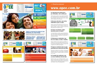 >> Portal na internet
www.opee.com.br
>> Capacitação de professores
por videoaulas, com certificação
Vídeos teóricos e práticos com o autor da metodolo-
gia, contantemente no ar e disponíveis para as esco-
las conveniadas, explicando o uso de toda a coleção
OPEE. Avaliação com certificação.
>> Recursos docentes com vários
vitalizadores para as aulas
Espaço exclusivo para professores com vários recur-
sos de apoio para o uso do material, visando enri-
quecer as aulas e conectar os alunos ao que há de
mais atual para seu projeto de vida.
>> Testes vocacionais e jogos
interativos para os alunos
Um mundo lúdico com testes e games abordando te-
mas como escolha profissional, autoconhecimento,
educação financeira, competências profissionais, e
mercado de trabalho.
>> Informações atualizadas com
foco nos alunos, escolas e famílias
Espaço mantido por uma equipe de jornalistas co-
nectados com os principais fatos do Brasil e do mun-
do, trazendo reportagens de campo e enriquecendo
o repertório de conhecimentos gerais.
>> Espaços exclusivos para os pais
participarem da educação dos filhos
Testes para a família, dicas culturais e informações
importantes para que os pais possam acompanhar
de perto e auxliar a escolha dos filhos, em parceria
com a escola.
>> O mundo das profissões com
as novas tendências do mercado
Pesquisas sobre a nova realidade brasileira e mun-
dial e as oportunidades que surgem no mercado de
trabalho, posturas importantes do profissional do
novo milênio e dicas de empregabilidade.
 