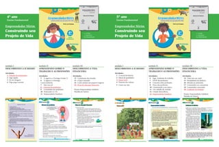 módulo I
DESCOBRINDO A SI MESMO
Atividades:
1 Falando de sentimentos
2 Jogo rápido
3 Eu em imagens
4 Pega-pega corrente
>> LIVRO
>> MANUAL
DO PROFESSOR
4º ano
Ensino Fundamental
Empreendedor Mirim
Construindo seu
Projeto de Vida
módulo II
APRENDENDO SOBRE O
TRABALHO E AS PROFISSÕES
Atividades:
5 A cigarra e a Formiga (versão 1)
6 A cigarra e a Formiga –
o novo desfecho
7 Que sou eu?
8 Gincana das profissões
9 Cruzadinha das profissões
10 Praticando os 5 Ss
11 Empreendedor brasileiro
módulo III
DESCOBRINDO A VIDA
FINANCEIRA
Atividades:
12 A plantação das moedas
13 O que é mesada?
14 Como montar um pequeno negócio
15 Dicas de educação financeira
Projeto Empreendedor Solidário
Planilha de Valores
módulo I
DESCOBRINDO A SI MESMO
Atividades:
1 A moral da história
2 Mural de qualidades
3 Quem será?
4 Dominó dos valores
5 Como me vejo
>> LIVRO
>> MANUAL
DO PROFESSOR
5º ano
Ensino Fundamental
Empreendedor Mirim
Construindo seu
Projeto de Vida
módulo II
APRENDENDO SOBRE O
TRABALHO E AS PROFISSÕES
Atividades:
6 Jogo: Ambiente de trabalho
7 STOP das profissões
8 Conceito sobre profissões
9 Forca das profissões
10 Construindo a sua marca
11 Um cidadão de verdade
12 Cidade Maravilhosa
13 Empreendedor brasileiro
módulo III
DESCOBRINDO A VIDA
FINANCEIRA
Atividades:
14 Tudo tem seu custo
15 Modalidades de dinheiro
16 Mesada ou semanada
17 Consumidor ou consumista
18 Consumidor consciente
19 Cuidando do dinheiro
Projeto Empreendedor Solidário
Planilha de Valores
 