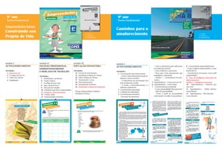 módulo I
AUTOCONHECIMENTO
Atividades:
1 Quem sou eu?
2 A roupa nova do rei
3 Teatro dos valores
4 Habilidades
>> LIVRO
>> MANUAL
DO PROFESSOR
8º ano
Ensino Fundamental
Empreendedor Júnior
Construindo seu
Projeto de Vida
módulo II
ESCOLHA PROFISSIONAL,
EMPREENDEDORISMO
E MERCADO DE TRABALHO
Atividades:
5 Habilidades e profissões
6 O gato vaidoso
7 Escolhas de uma vida
8 Jogo: Quem brinca?
9 Mercado de trabalho
10 O homem nasce livre e empreendedor
11 Pesquisa e desenvolvimento
12 Cidade-nação
13 Empreendedor brasileiro
módulo III
EDUCAÇÃO FINANCEIRA
Atividades:
14 Formas de investimento
15 Introdução à Bolsas de Valores
16 Sobre a Bolsas de Valores
17 Aumentando a caixa
18 Dicas fincanceiras
19 Investimento do futuro
20 Turbinando o repertório financeiro
Projeto Empreendedor Solidário
Planilha de Valores
módulo I
AUTOCONHECIMENTO
Atividades:
1 Conceituando autoconhecimento:
- Como o autoconhecimento pode in-
fluenciar nossas escolhas?
- A importância da participação dos
pais na educação escolar
- A escola, o autoconhecimento e a
definição profissional
2 Conceituando maturidade
3 A balança da maturidade
4 Conceituando autoestima
- Formação da autoestima
>> LIVRO
>> MANUAL
DO PROFESSOR
9º ano
Ensino Fundamental
Caminhos para o
amadurecimento
- Como a autoestima pode influenciar
na escolha da carreira?
- Como melhorar a autoestima
- Dicas para evitar pensamentos que
atrapalham a autoestima
- Desafio 1 – Levantamento de auto-
estima
5 Superdinâmica – Como você me vê?
6 Superdinâmica – Caixa Postal
7 Conceituando personalidade
-Oqueépersonalidade?Paraqueserve?
- Tipos de personalidade
- Como o perfil da personalidade
pode ajudar a escolher uma profissão
8 Conceituando empreendedorismo
- O que é espírito empreendedor e como
desenvolvê-lo
- Características de pessoas como perfil
empreendedor
9 Faça da inteligência emocional sua
aliada nas provas
Desafio 2 – Inteligência emocional
10 Superdinâmica – Repórter por
uma sala
11 Superdinâmica – Minha história,
nossa história
12 Superdinâmica – Meu desenho,
nosso desenho
 