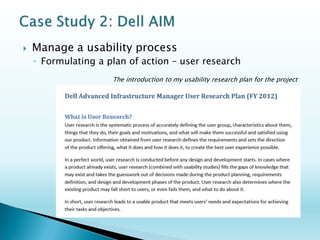 What worked well? 
◦A good user experience design process 
That included identifying problems, gathering insights with users, devising solutions, iteratively mocking-up and testing designs with users, and staying involved throughout the whole development life cycle to maintain the integrity of the design 
◦Conducting research with the team’s involvement 
That led to team cohesion and cooperation (i.e., less time justifying design and more time refining and implementing it) 
◦Co-location within the marketing and development team 
That facilitated close communication, shared vision, collaborative ideation and problem-solving  