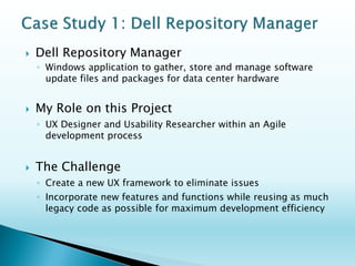 User-centered iterative methods and techniques 
◦Focus on actual users of the product and the tasks they do 
Adaptive and evolving versus rigid and static 
◦Suiting long or short time frames with full or light resources 
Accommodates business needs, goals and outcomes 
Involves: 
◦Discovery Research and Ideation 
◦Information Architecture and Interaction Design 
◦Feedback, Evaluation and Iterative Redesign  