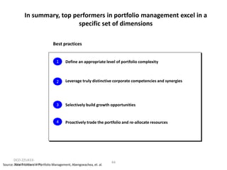 In summary, top performers in portfolio management excel in a
specific set of dimensions
Best practices

1

Define an appropriate level of portfolio complexity

2

Leverage truly distinctive corporate competencies and synergies

3

Selectively build growth opportunities

4

Proactively trade the portfolio and re-allocate resources

DCO-ZZU433Source:20040728sushPP1
New Frontiers in Portfolio Management, Abengoeachea, et. al.

44

 