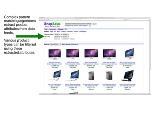 Complex pattern
matching algorithms
extract product
attributes from data
feeds.
Various product
types can be filtered
using these
extracted attributes.
 